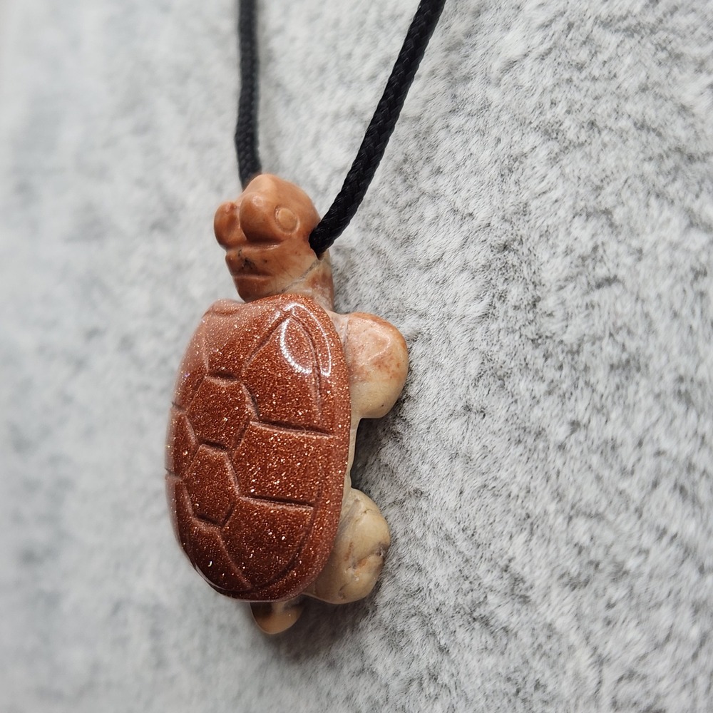 Boho Goldstone Carved Turtle Pendant Necklace Brown Natural Stone 28 Inch Cord